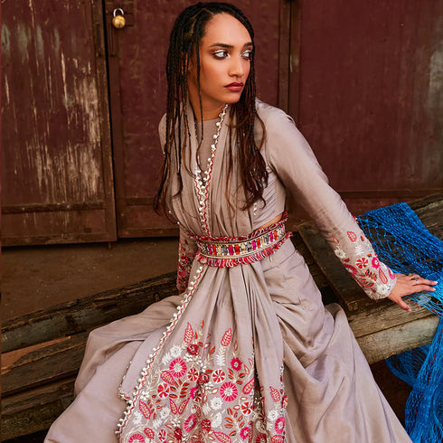 Concrete Grey Lehenga Teamed With A Blouse And Attached Drape With Floral Embellishment
